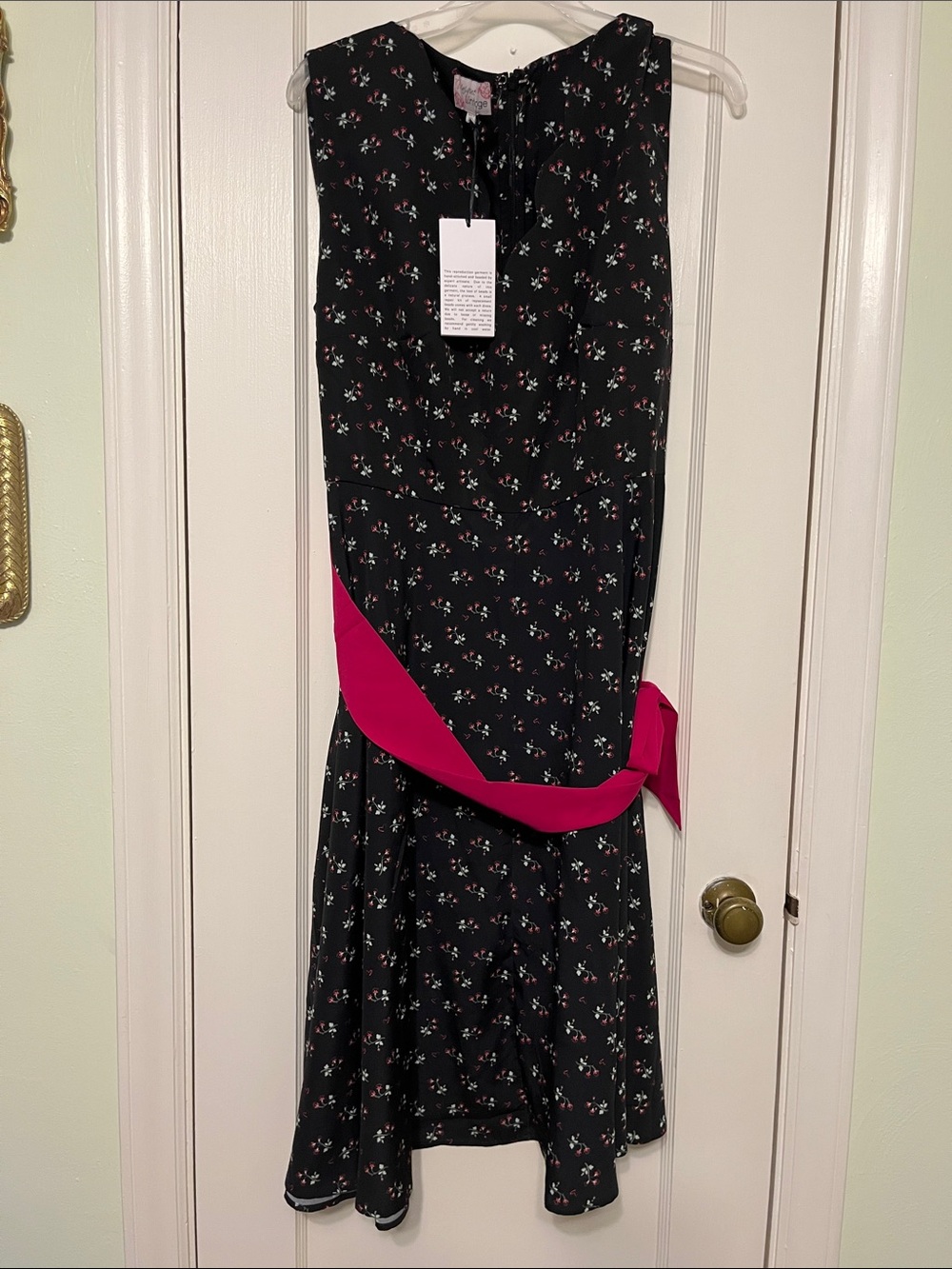 Unique Vintage Black Floral Midi Dress with Hot Pink Sash Accent